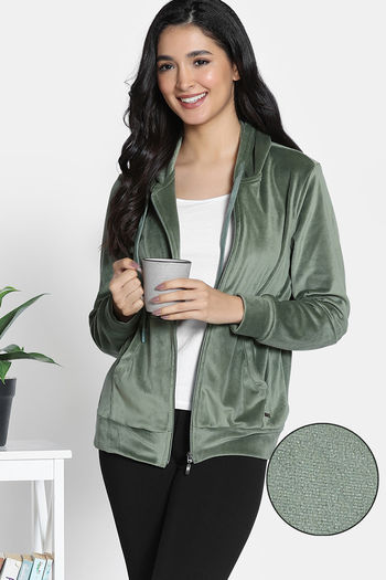 Buy Zivame Knit Poly Velour Jacket - Bronze Green